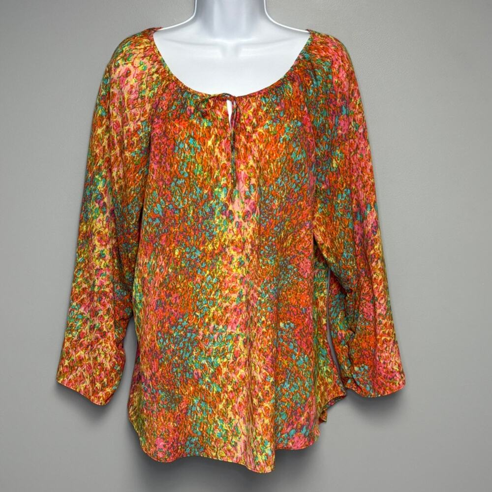 Anne Klein Rainbow Maximalist Artsy Beachy Tropical‎ Resortwear Blouse Sz XL